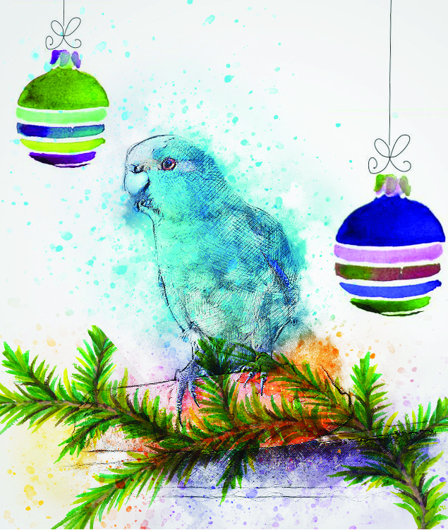 bird and holiday ornaments